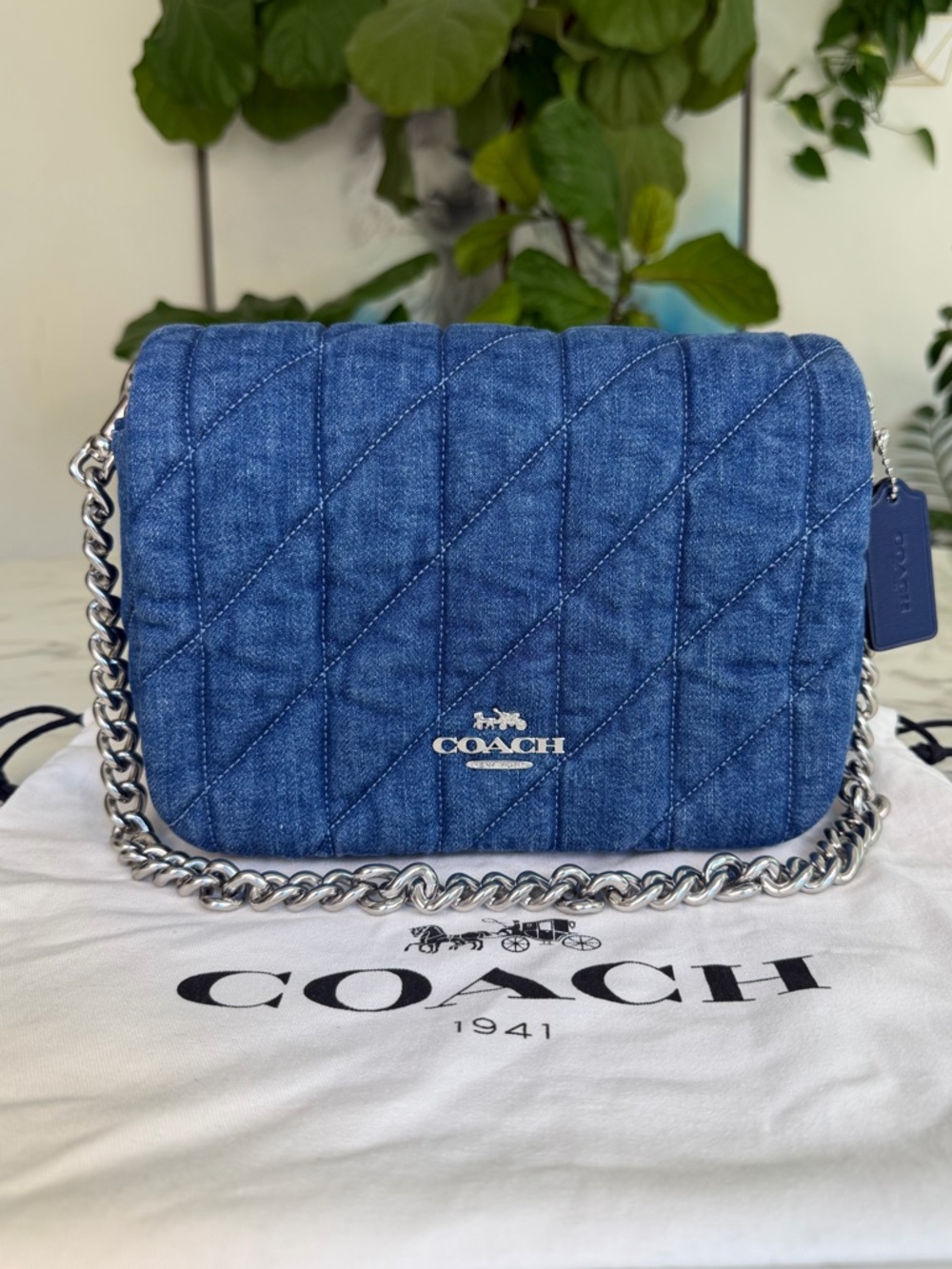 Coach Quinn Shoulder Bag With Quilting Denim Silver Indigo CAK40 Chain Strap